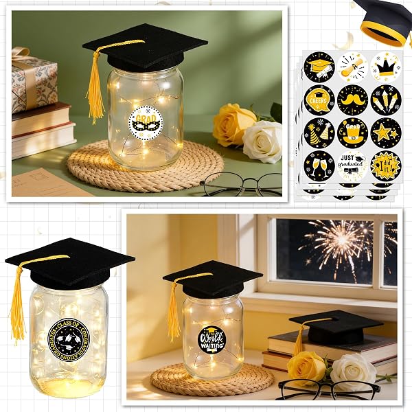 8 PACK 2026 GRADUATION CENTERPIECES FOR TABLES MASON JAR CENTERPIECES WITH LED LIGHTS GRADUATION PARTY DECORATIONS SET WITH CAPS AND STICKERS FOR HIGH SCHOOL COLLEGE CONGRATS GRAD DECOR SUPPLIES