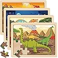 SYNARRY Wooden Dinosaur Puzzles for Kids 3-5, 4 Packs 24 PCs Jigsaw Puzzles Dinosaurs Toys Preschool Educational Brain Teaser