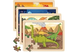 SYNARRY Wooden Dinosaur Puzzles for Kids 3-5, 4 Packs 24 Pieces Jigsaw Puzzles, Dinosaur Toys Preschool Educational Brain Tea
