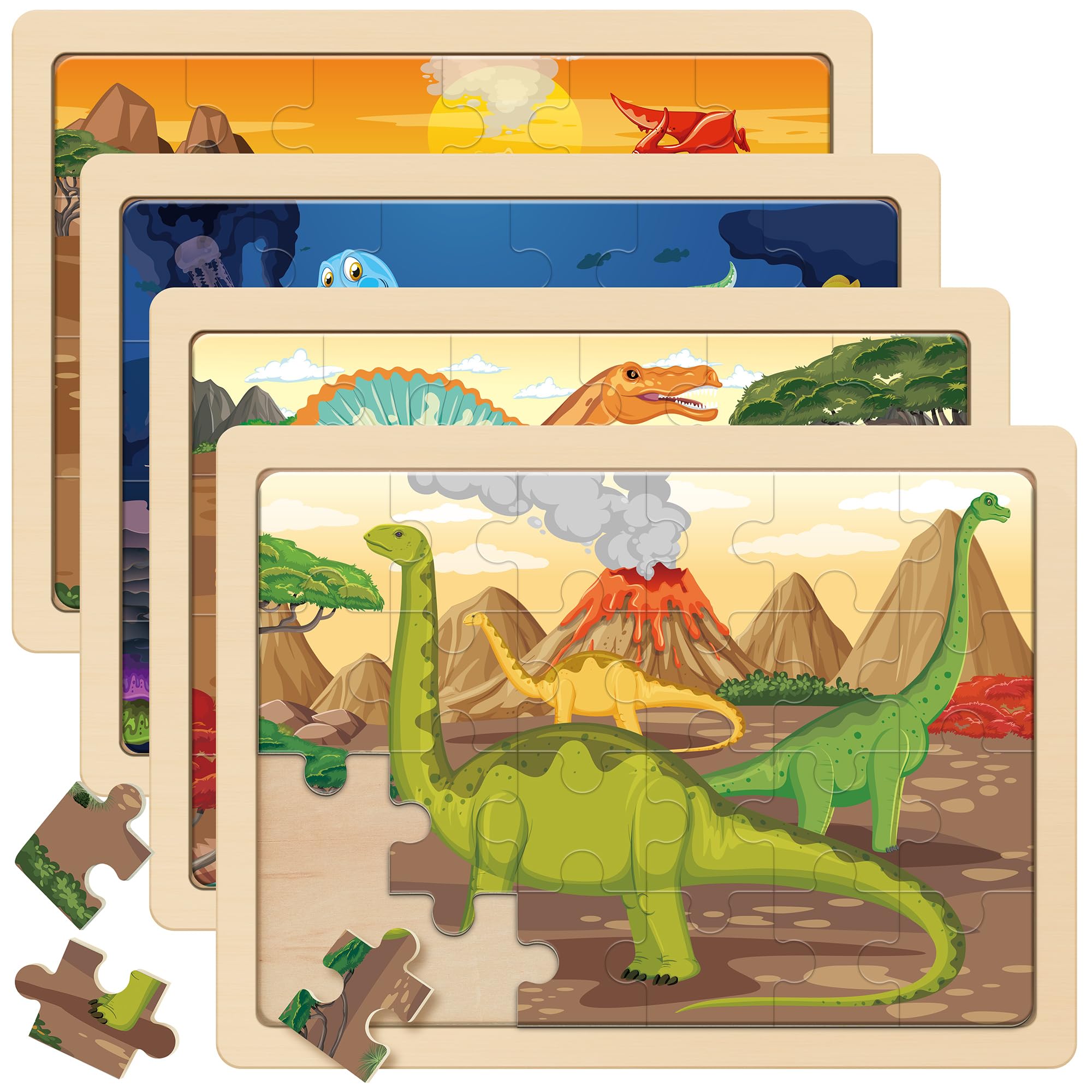 SYNARRY Wooden Dinosaur Jigsaw Puzzles for Kids Ages 3 4 5 6, 4 Packs 24 Piece Dino Puzzles, Preschool Educational Games Gifts for Children, Dinosaur Toys for 3 4 5 6 Year Old Boys Girls