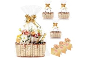 Agolctry 3 Set Baskets for Gifts Empty Large Bamboo Gift Basket Kit to Fill for Christmas Holidays Birthdays Party Gift Wrapping with Cellophane Wrap Bags Cards Folded Bow