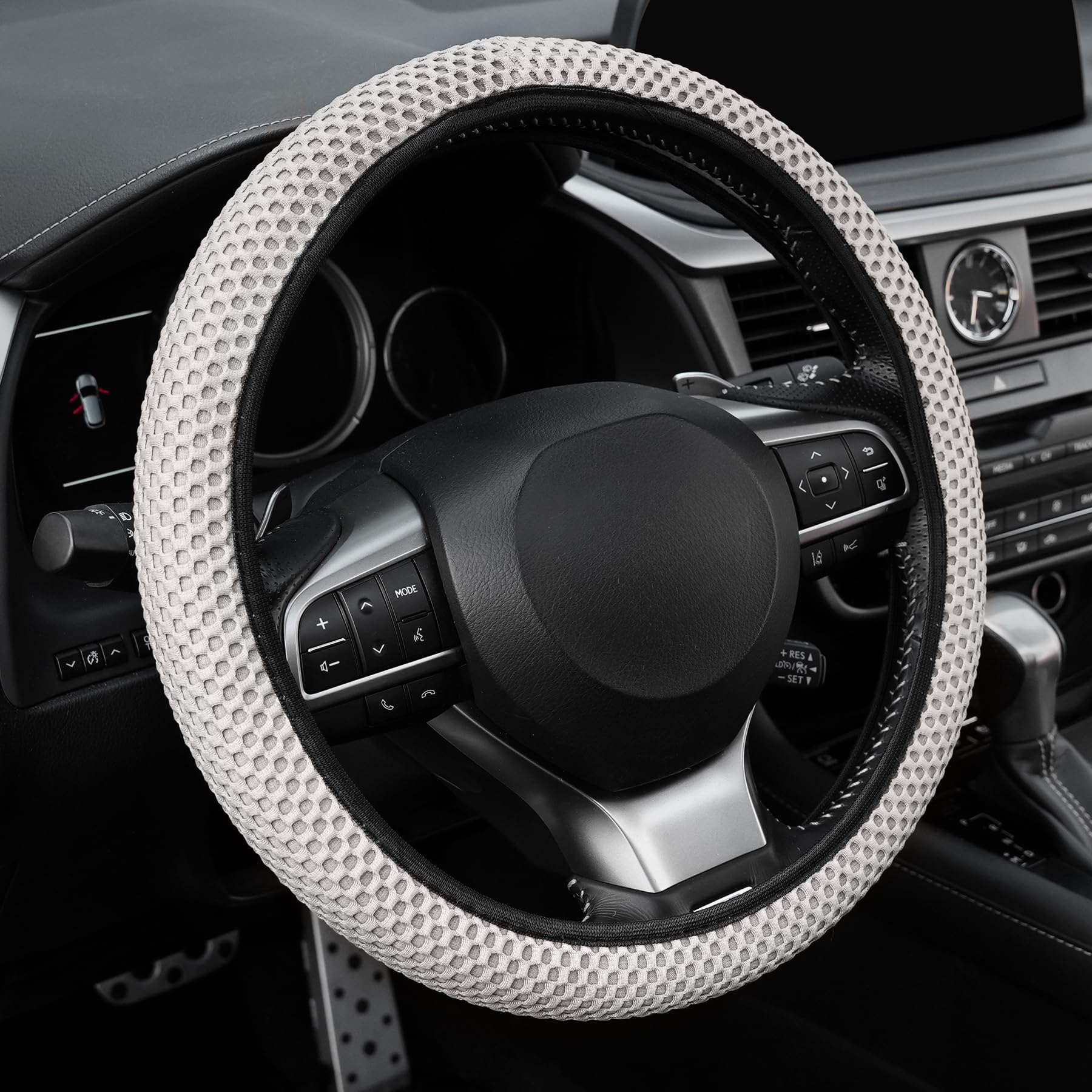Photo 1 of Alpmosn Elastic Stretch Steering Wheel Cover, Breathable Microfiber Ice Silk, Anti-Slip, Odorless, Easy Carry, Universal Interior Accessories Steering Wheel Cover for Women & Men (Grey)