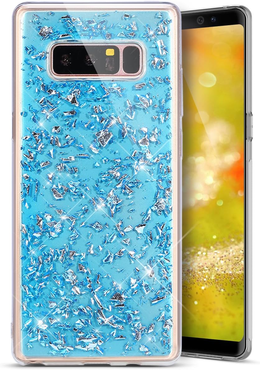 Galaxy Note 8 Case,Galaxy Note 8 Glitter Case,PHEZEN Luxury Bling Glitter Gold Foil Embedded Clear Rubber Gel Flexible TPU Bumper Protective Silicone Case Cover for Samsung Galaxy Note 8, Blue