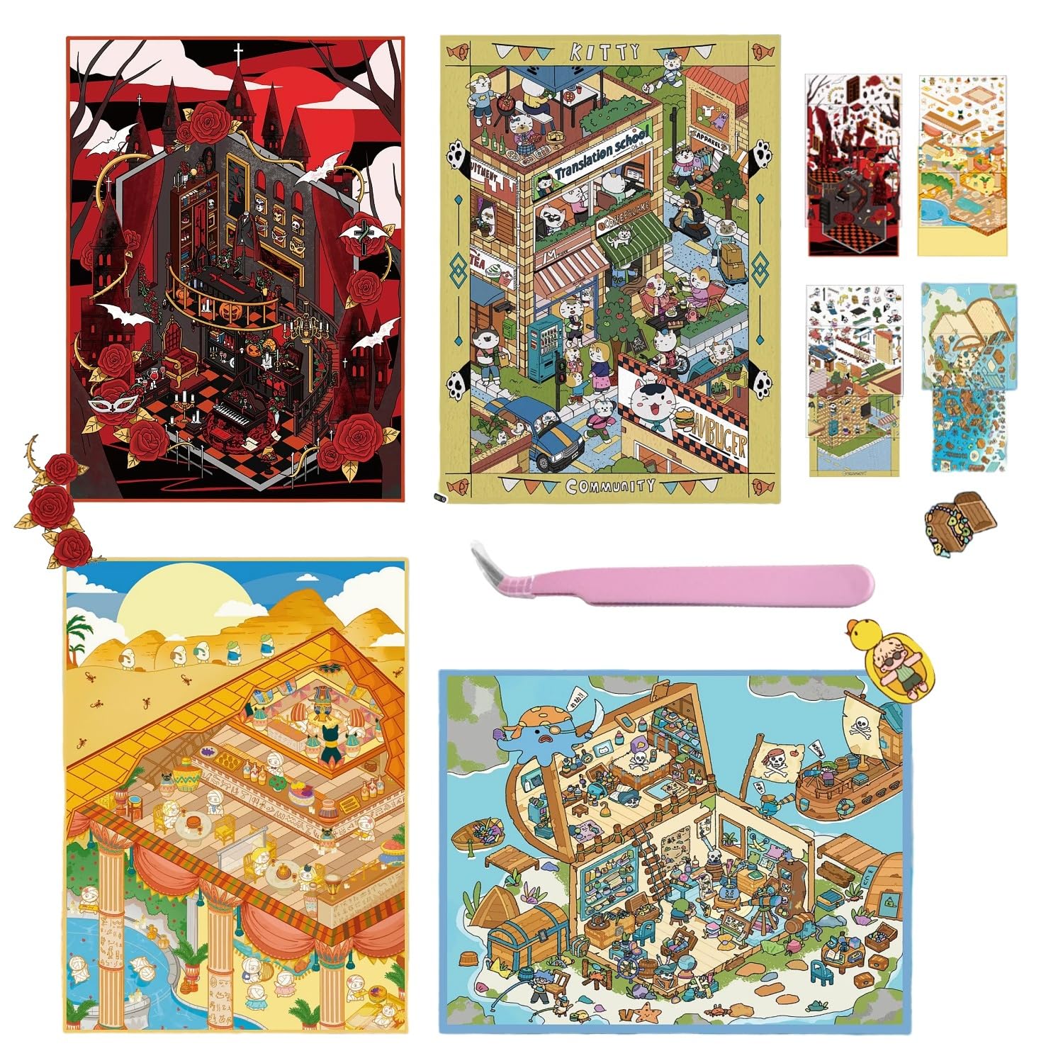 4 Sets Large Size 3D DIY Sticker Scenes with Tweezers,Fun DIY 3D House Stickers Make Your Own Miniature Shop Scene Pyramid Treasure Island for Adult Therapy Relief Stress Pass The Time โ image 1