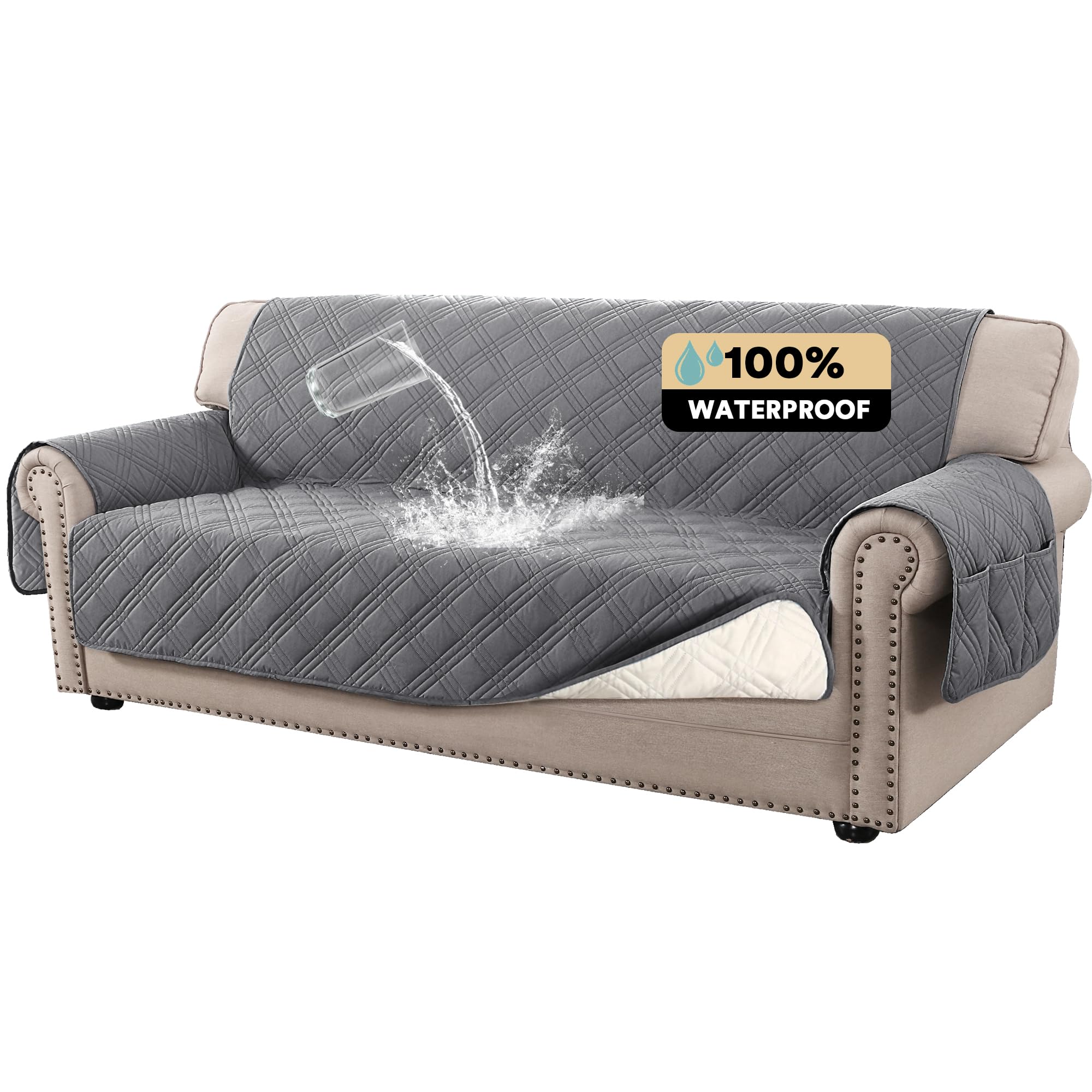 Photo 1 of PrinceDeco 100% Waterproof Couch Cover for 3 Cushion Couch Sofa Pet Friendly Non-Slip Couch Cover for Dogs Washable Water Resistant Furniture Protector with Elastic Straps(XL Sofa 78", Grey)