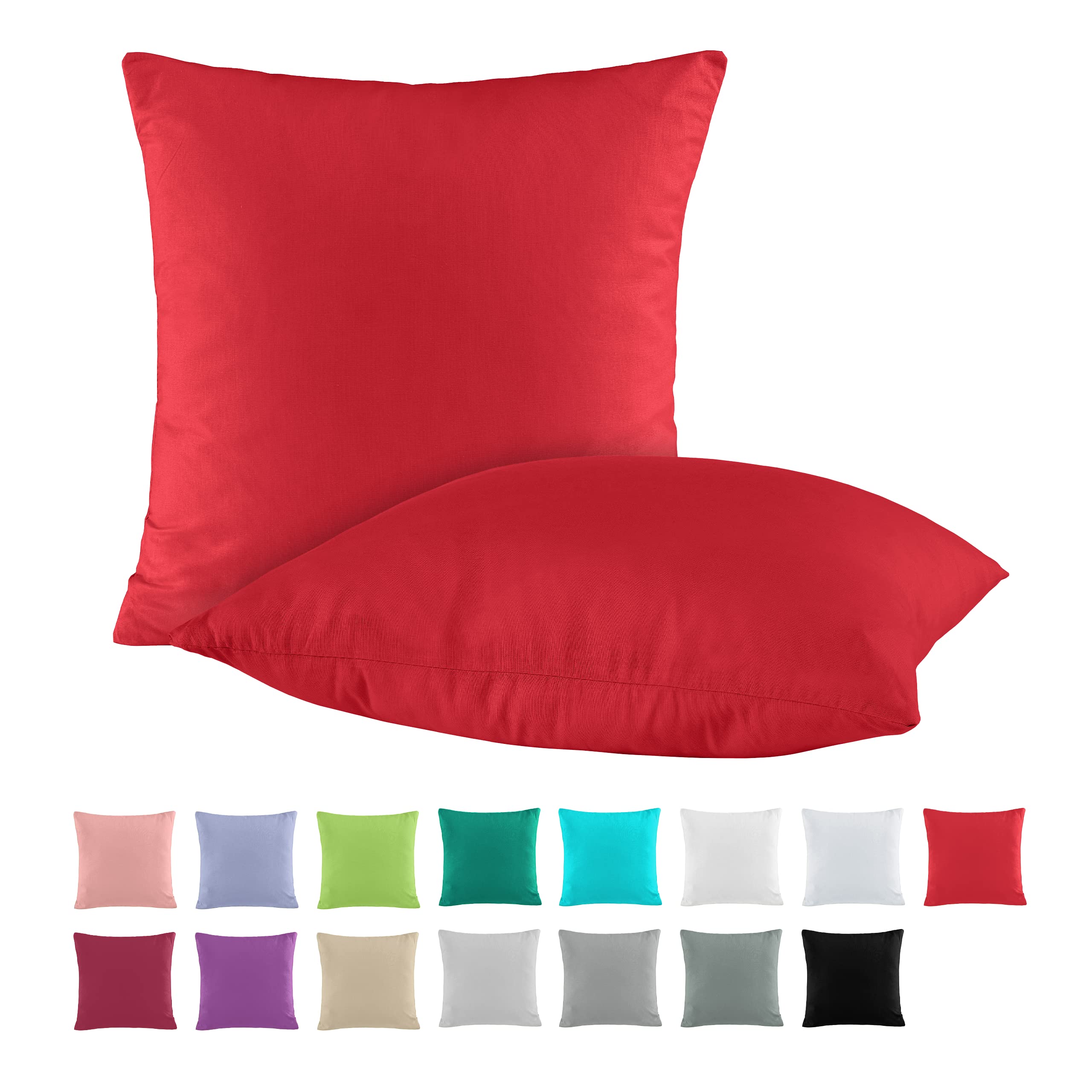 Double Pack Cotton Renforcé Cushion Cover Pillowcases 80 x 80 cm Available in Many Modern Colours, Cotton, red, 80 x 80 cm