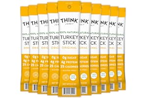 Think Jerky All-Natural Turkey Sticks, Gluten and Sugar Free, No Nitrates, Keto Paleo Friendly High Protein Low Carb Meat Snack - 0.5 oz Sticks, 20 Pack