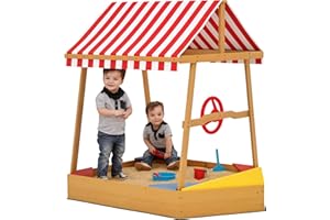 Qaba Kids Sandbox with Cover, 4 Seats, Boat Wooden Sand Pit with Rudder, Deck, Bottom Liner, Outdoor Sand Box for Backyard, G