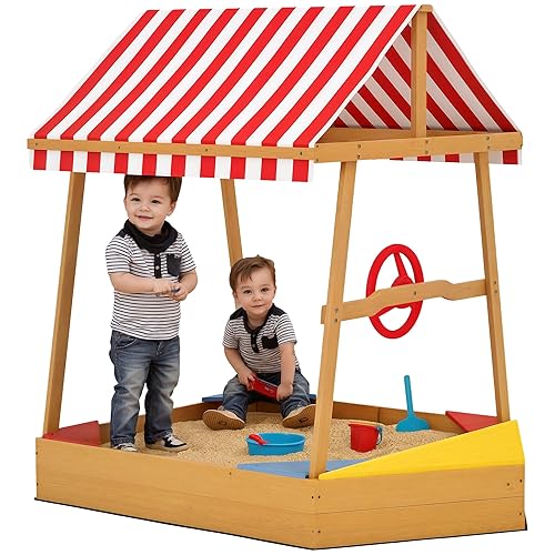AIYAPLAY Wooden Kids Sandpit, Boat Sandbox with Canopy, Seats, Rudder & Non-woven Fabric Bottom Liner, Outdoor Sand Pit for Children 3-8 Years, for Garden, Grass, Beach, Yellow