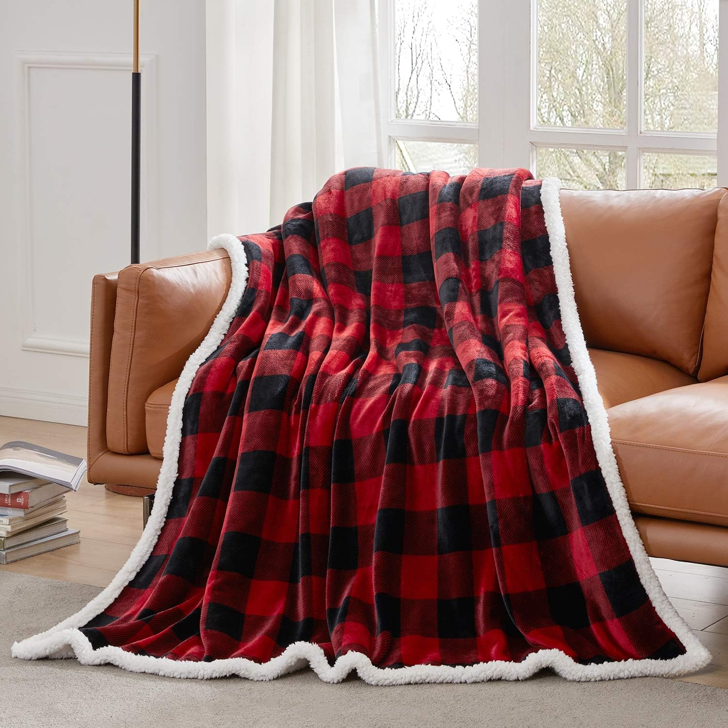 Touchat Sherpa Red and Black Buffalo Plaid Christmas Throw Blanket, Fuzzy Fluffy Soft Cozy Blanket, Fleece Flannel Plush Microfiber Blanket for Couch Bed Sofa (60" X 70"): Kitchen & Dining