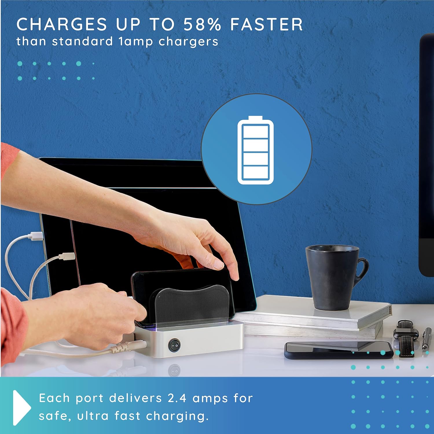 Hercules Tuff Charging Station for Multiple Devices, with 6 USB Ports, Compatible with Cell Phones, Smart Phones, Tablets, and Other Electronics