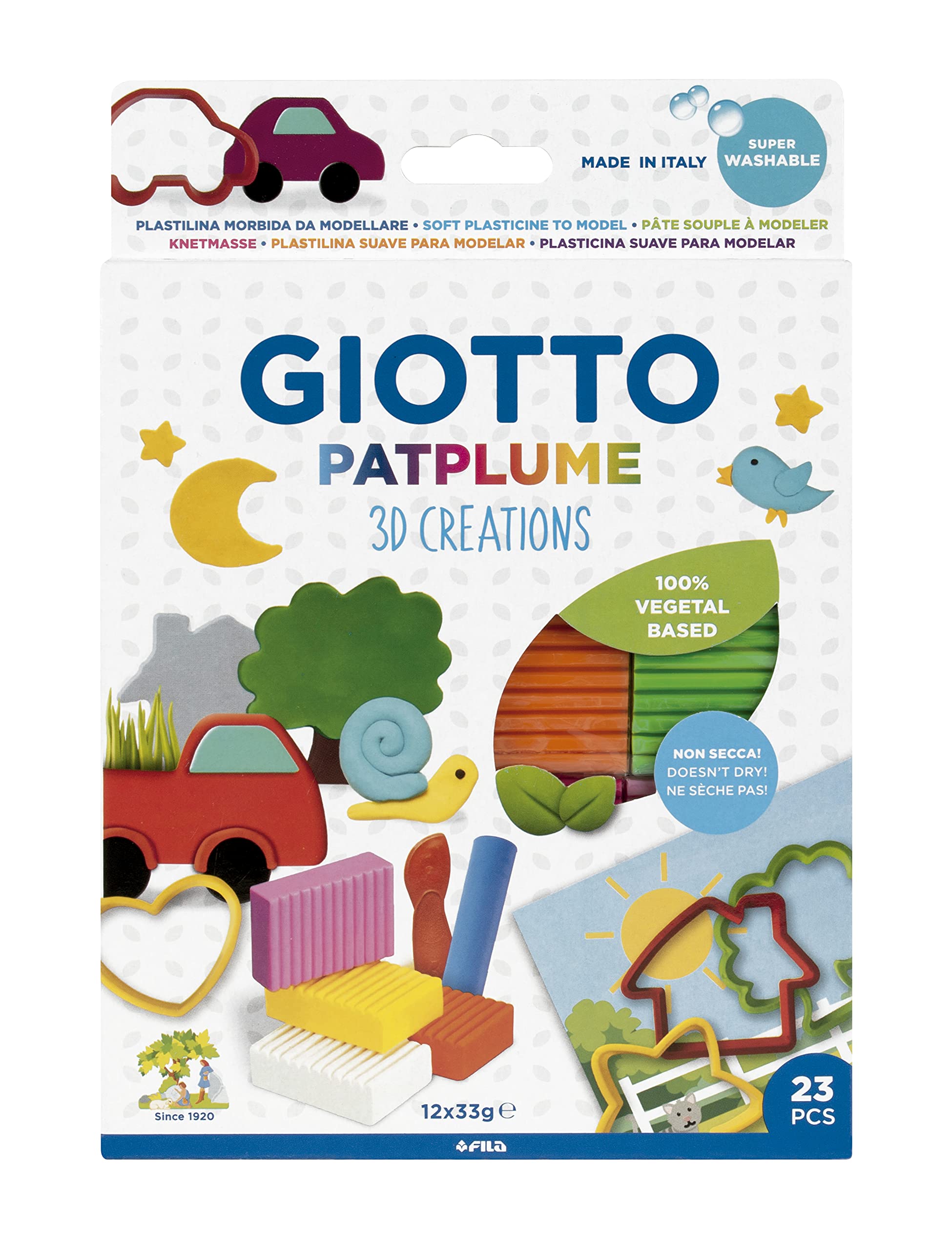 GIOTTO Patplume Soft Modelling Clay, 3D Creations Set, Assorted Colours & Cutters, Vegetable Based Formula, Super Washable, For Children, Parties and Schools