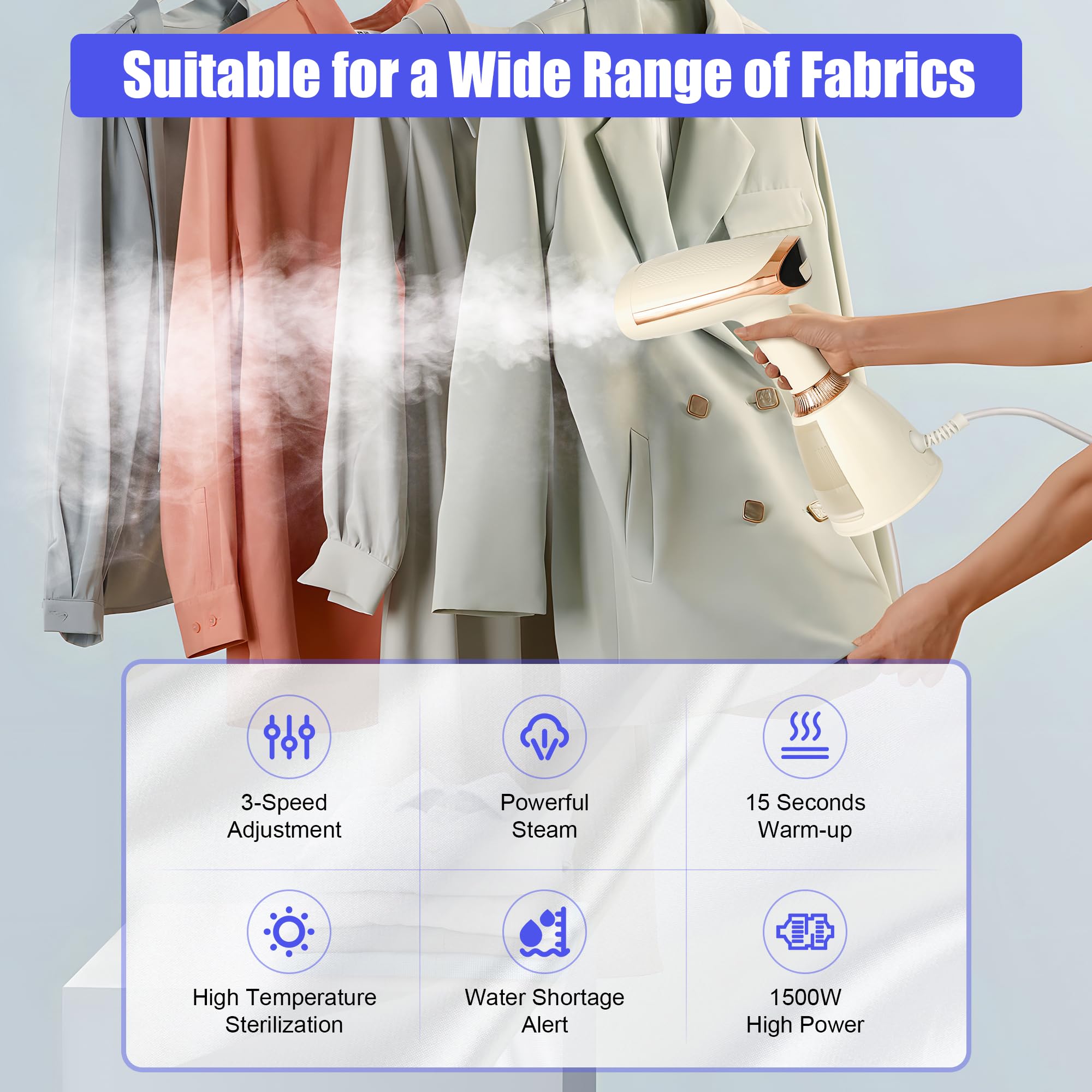 Handheld Steamer for Clothes,15s Fast Heat Up Handheld Steam Iron,1500W Powerful Steam Penetrating Steamer for Clothes,Portable Travel Clothing Steamer, for Removing Wrinkles from Fabrics.