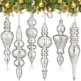 Soaoo 6 Pcs 6.3 Inch Silver Mercury Glass Finial Christmas Ornaments Hanging Christmas Finials Glass Ornaments Assorted Mercury Decor for Xmas Tree Vintage Holiday Decoration(Classic)