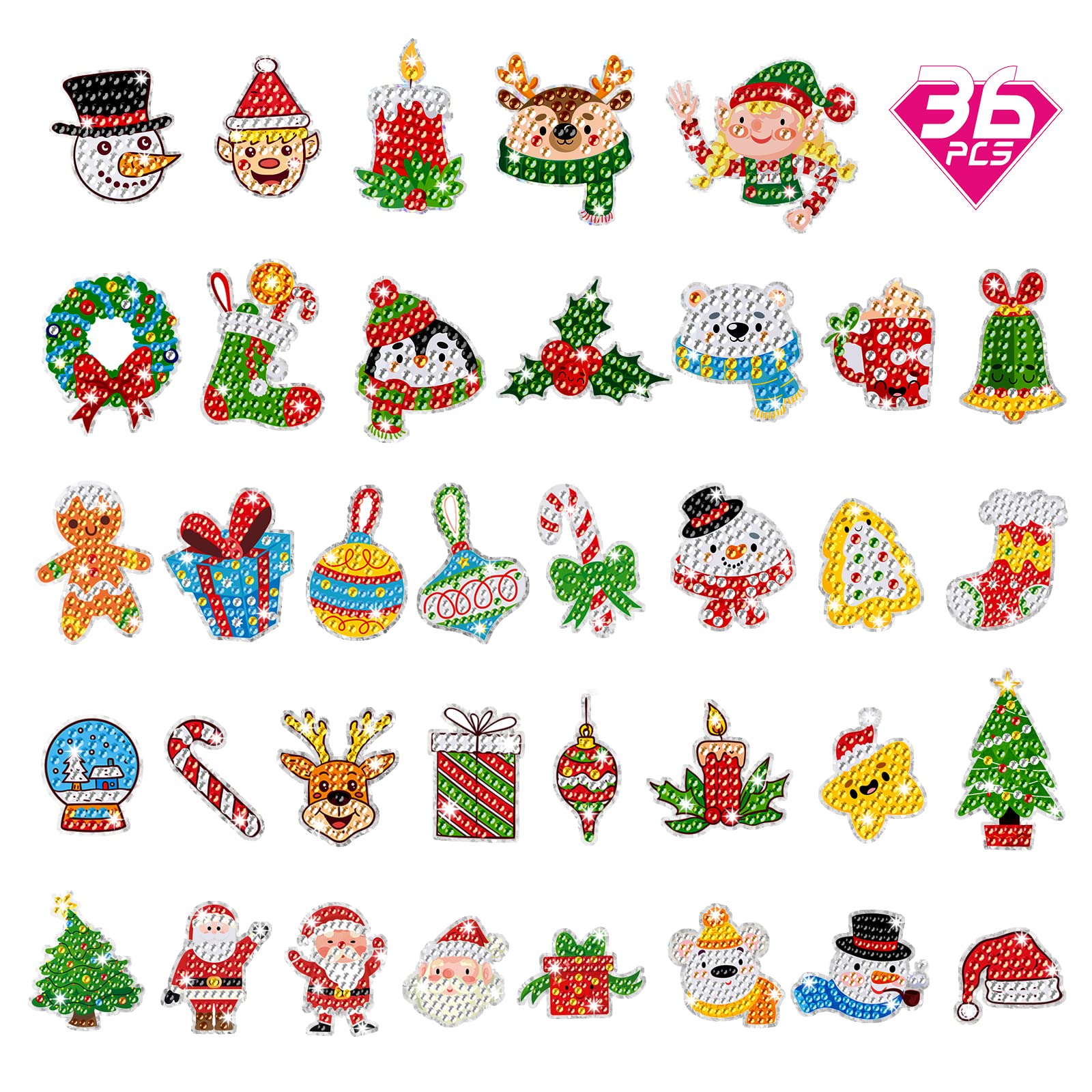 CAYUDEN Diamond Painting Kits for Kids, 36pcs Christmas Arts Paintings Stickers Kit 5D DIY Diamond Painting Xmas Mosaic Stickers Gem Arts and Crafts for Kids Party Xmas Decorations