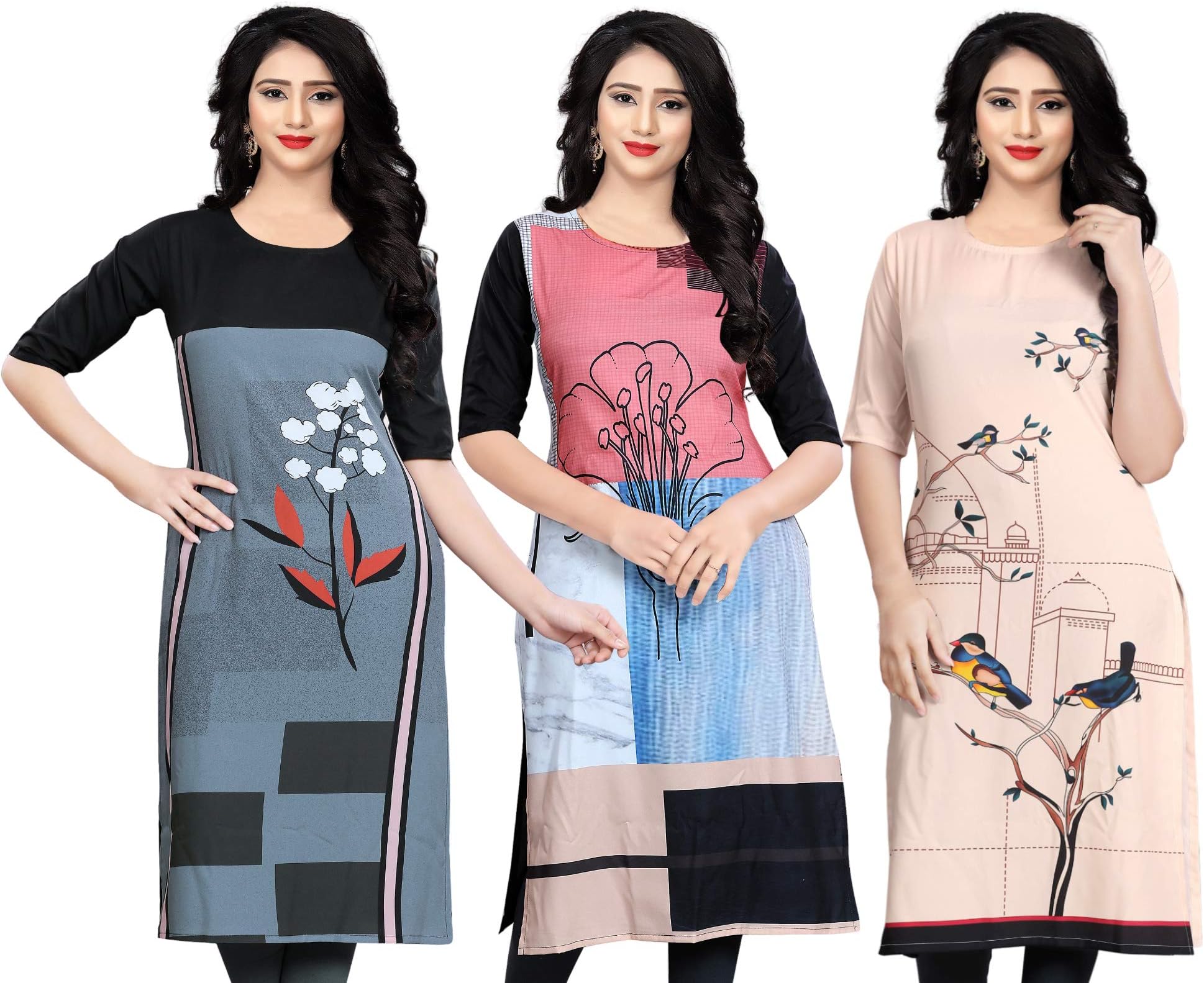 Navlik Women's Crepe Straight Stitched Kurta (Pack of 3) (Multicolored)