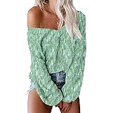 Tobrief Womens Off The Shoulder Sweaters Long Sleeve Shirts Batwing Waffle Knit Sweater Oversized Pullover Tunic Tops Gradient Green S