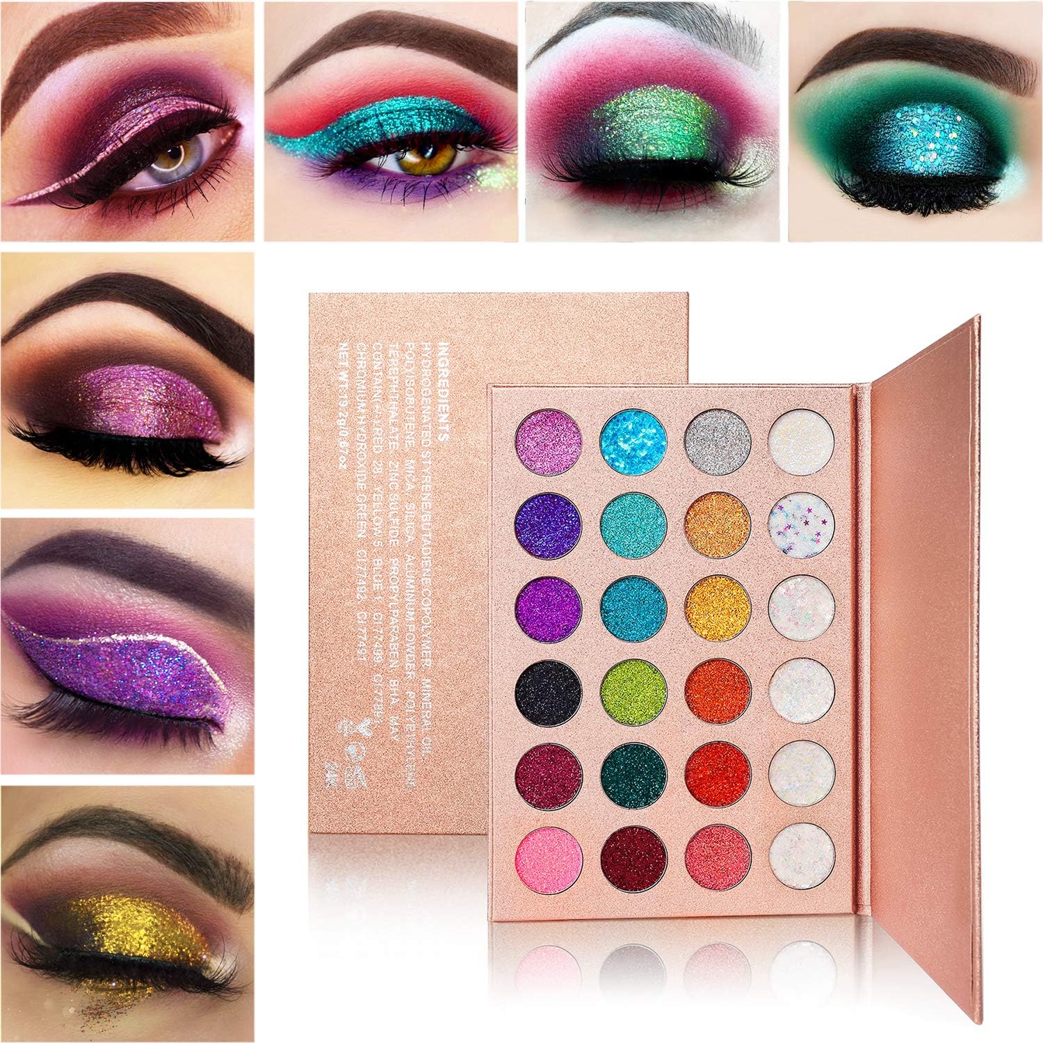 Glitter Eyeshadow Palette Makeup,Afflano Highly Pigmented Glitter Eyeshadow Pallet,Professional Pink Blue Green Red Gold Purple Long Lasting Waterproof (Glitter Eyeshadow Palette 24 Colors)