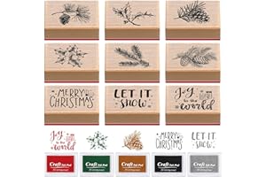 Watersay 14 Pcs Christmas Rubber Stamp and Craft Ink Pad Set 9 Wooden Christmas Rubber Stamps 5 Ink Pad for Craft DIY Card and Scrapbooking(Simple Style)