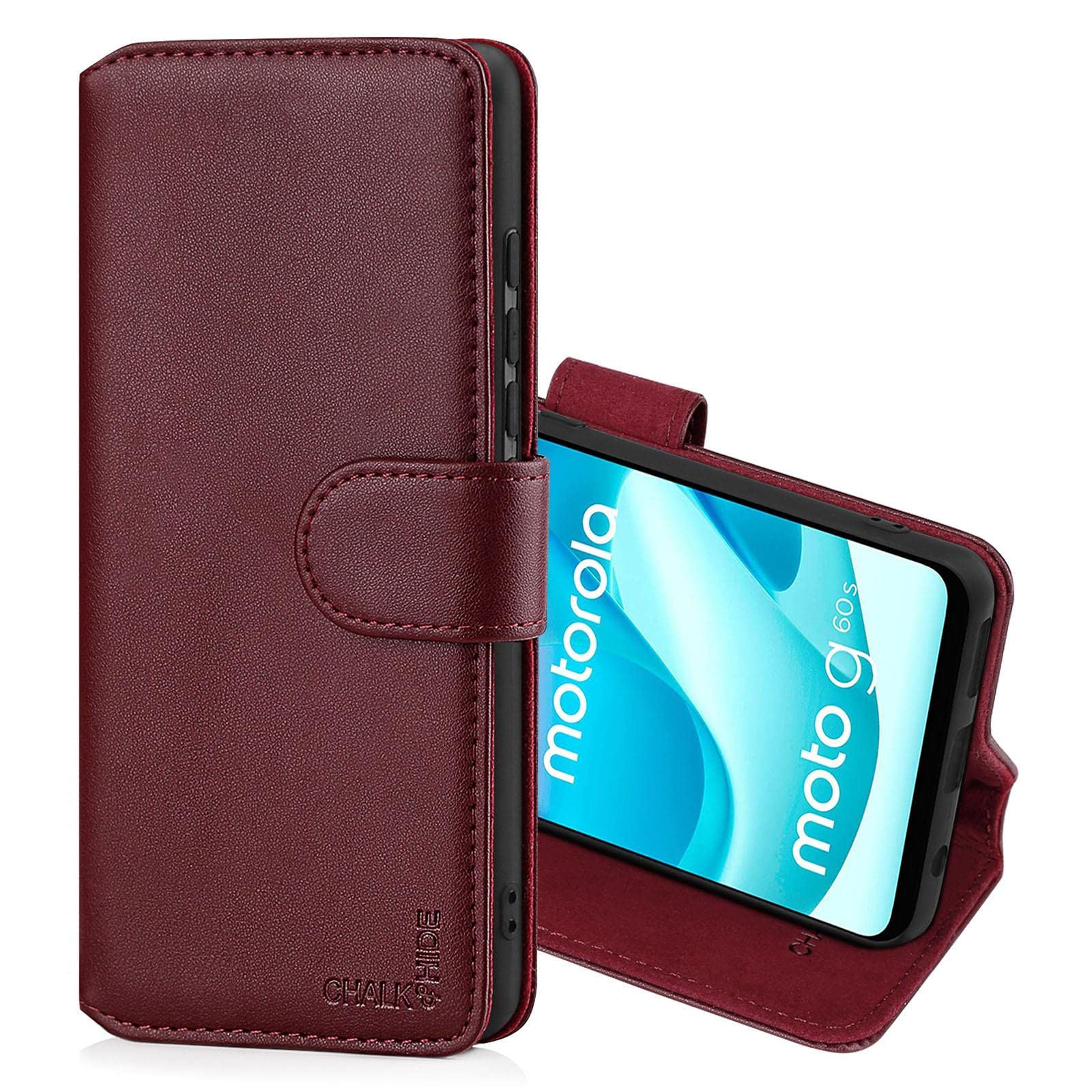CHALK & HIDE - Real Leather Book Wallet Flip Case Cover For Motorola Moto G60S, Real Leather Design With Card Slot, Magnetic Closure and Built In Stand - Burgundy