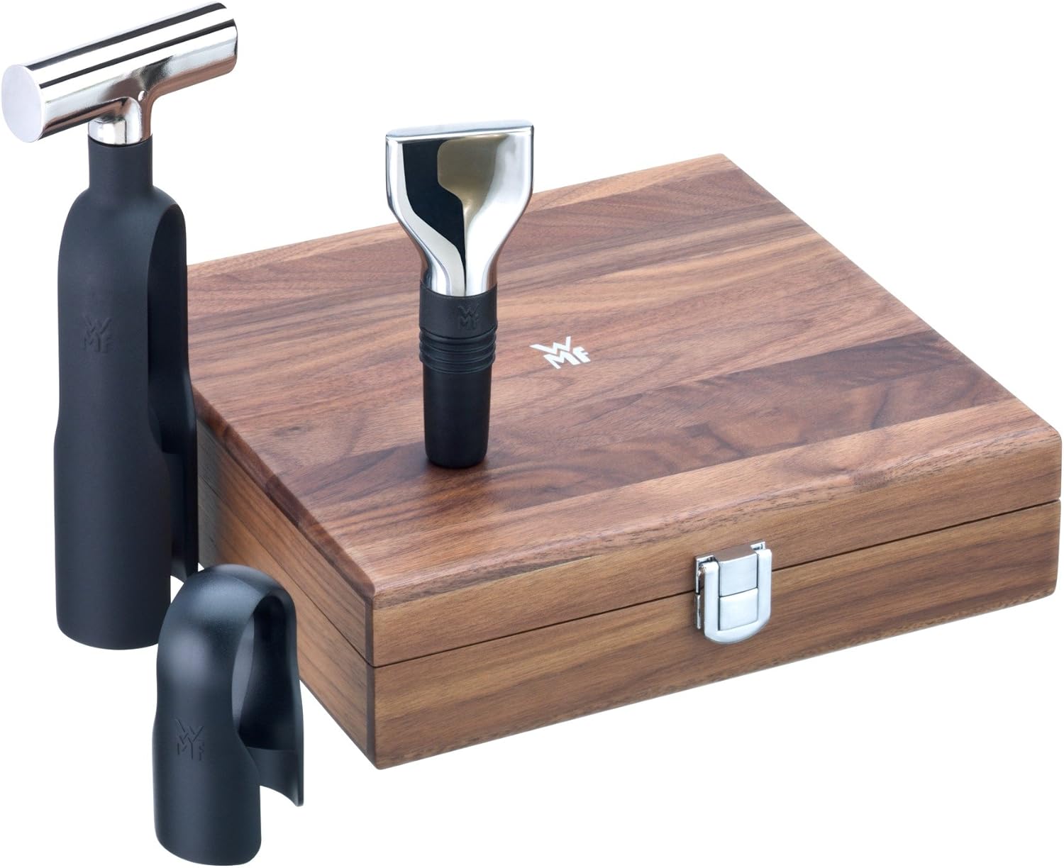 WMF Baric Sommelier Weinset, 3-teilig, Korkenzieher, Folienschneider, Flaschenverschluss, in Walnussholzbox, schwarz