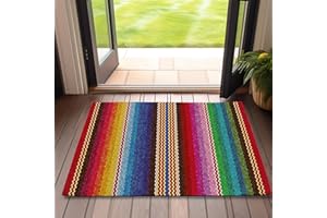 Front Door Mat,Mexican Indoor Outdoor Entrance Ethnic Stripes Rainbow Welcome Doormats,Non-Slip Low Profile Entryway Mats for