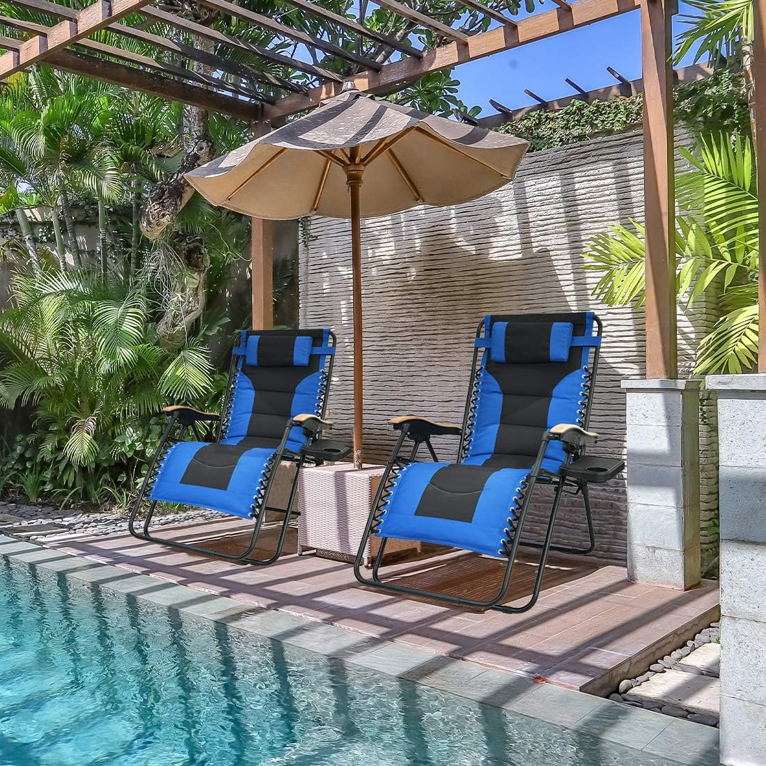 Patio Watcher Oversized Padded Zero Gravity Lounge Chair Patio Foldable Adjustable Reclining Chair with Cup Holder and Removable Pillow for Outdoor Yard Porch 1 Set : Garden & Outdoor