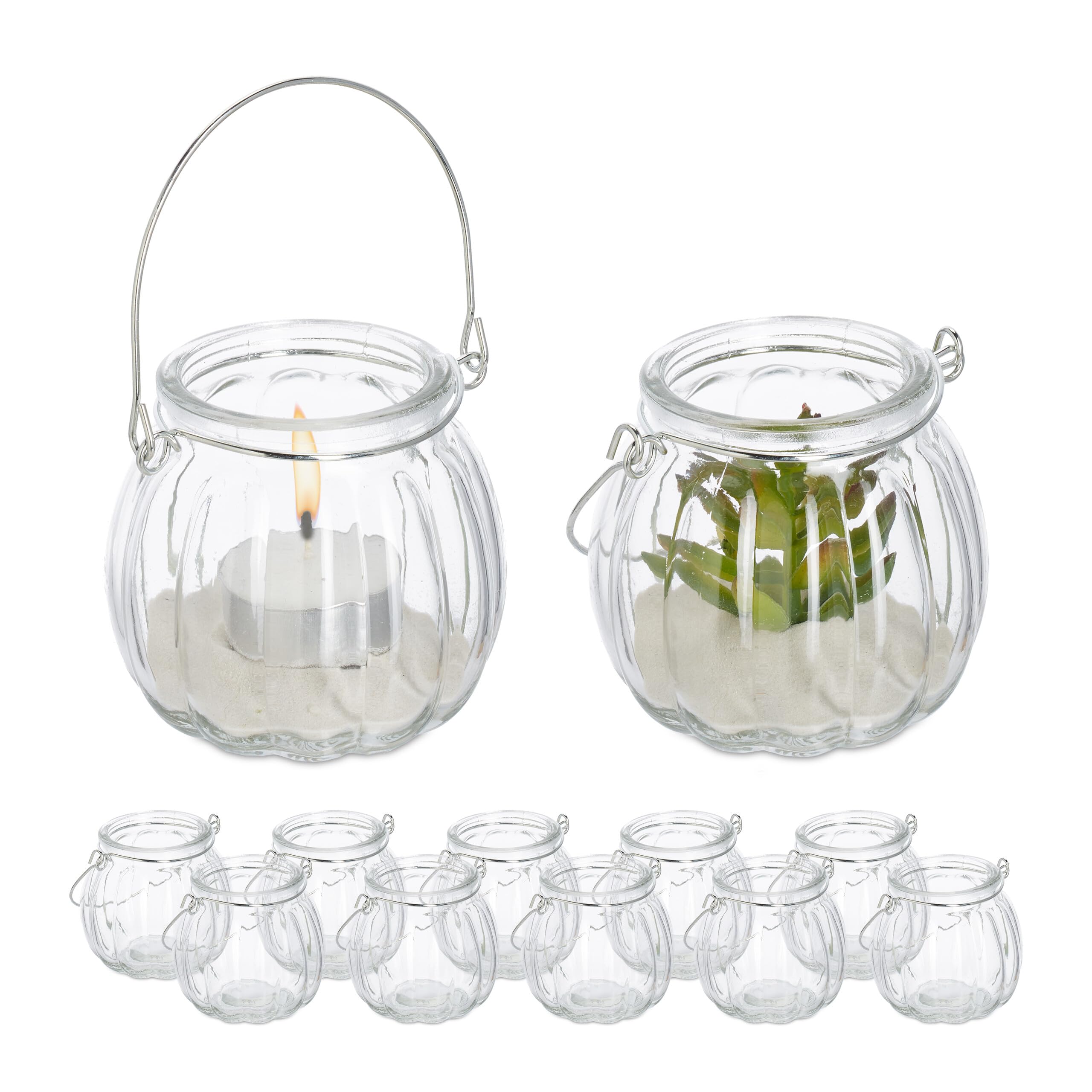 Relaxdays Candle Lanterns, Set of 12, with Handle, Round Glass, Tealight Holders, 7.5 x 8 cm, Indoors & Outdoors, Clear