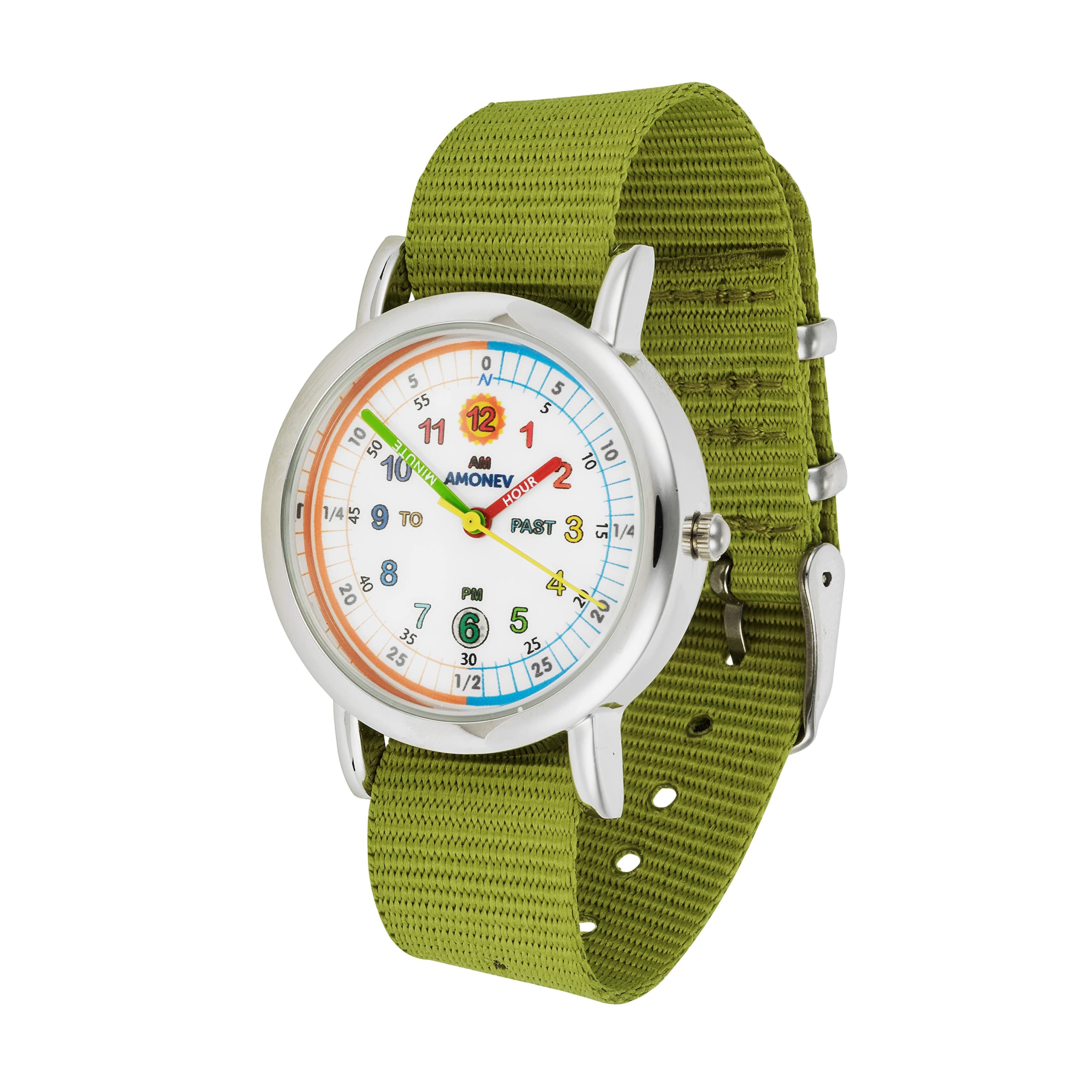 Amonev Time Teacher Watch, Easy to Read Analogue Watch with Colourful Nylon Strap, Learn to Tell The Time - Ideal for School Children