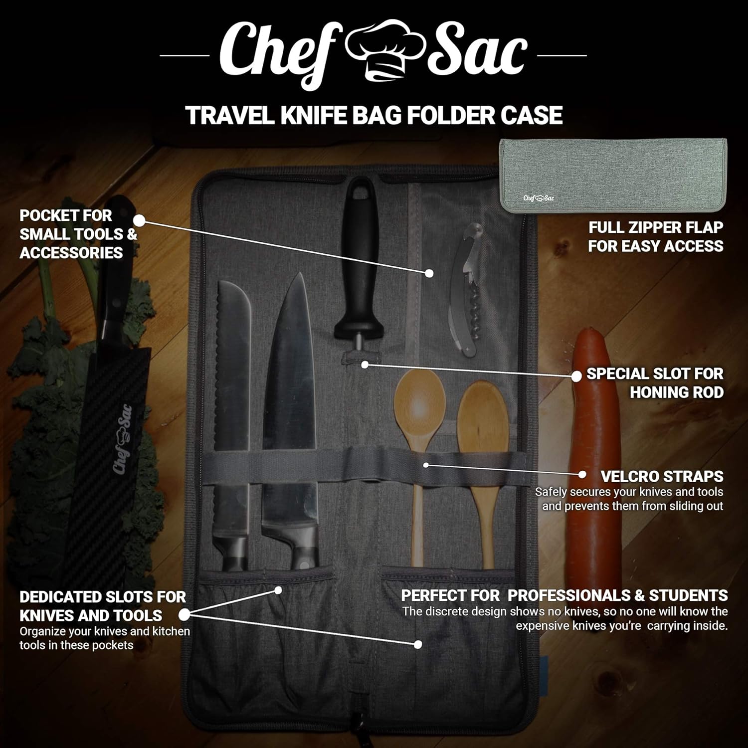 Chef Knife Bag Travel Folder Knife Case | 4 Pockets for Knives & Kitchen Tools | Special Slot for Honing Rod | Camp Chef Accessories | Durable Knife Holder for Chefs & Culinary Students (Heather Grey): Kitchen & Dining