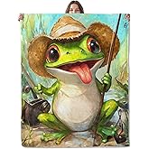 Lugiu Funny Frog Blanket, Lightweight Comfy Cartoon Fishing Frogs in Straw Hat Blankets for Couch Sofa Bedroom, Soft Plush Travel Flannel Throw Blanket Gifts for Adults Kids Women, Home Decor 60×50in