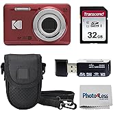 KODAK PIXPRO FZ55 16MP Digital Point & Shoot Camera, 5X Optical Zoom, 28mm Wide Angle, 1080P Full HD Video, Bundle with 32GB SD Card, Protective Case, and Hi-Speed Card Reader (Red)