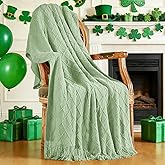 inhand Basil Green Knitted Throw Blanket for Couch and Bed, St. Patrick’s Day Lucky Spring Gifts Throw for Her or Him, Soft Farmhouse Woven Blanket with Tassel, Lightweight Decorative, 50"x60"