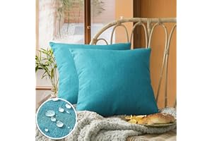 FEVERQIYI Outdoor Waterproof Throw Pillow Covers Decorative Square Garden Teal Cushion Case Pack of 2 Waterproof PU Coating Pillow Shell for Patio, Porch and Balcony 16x16 Inch 40x40cm