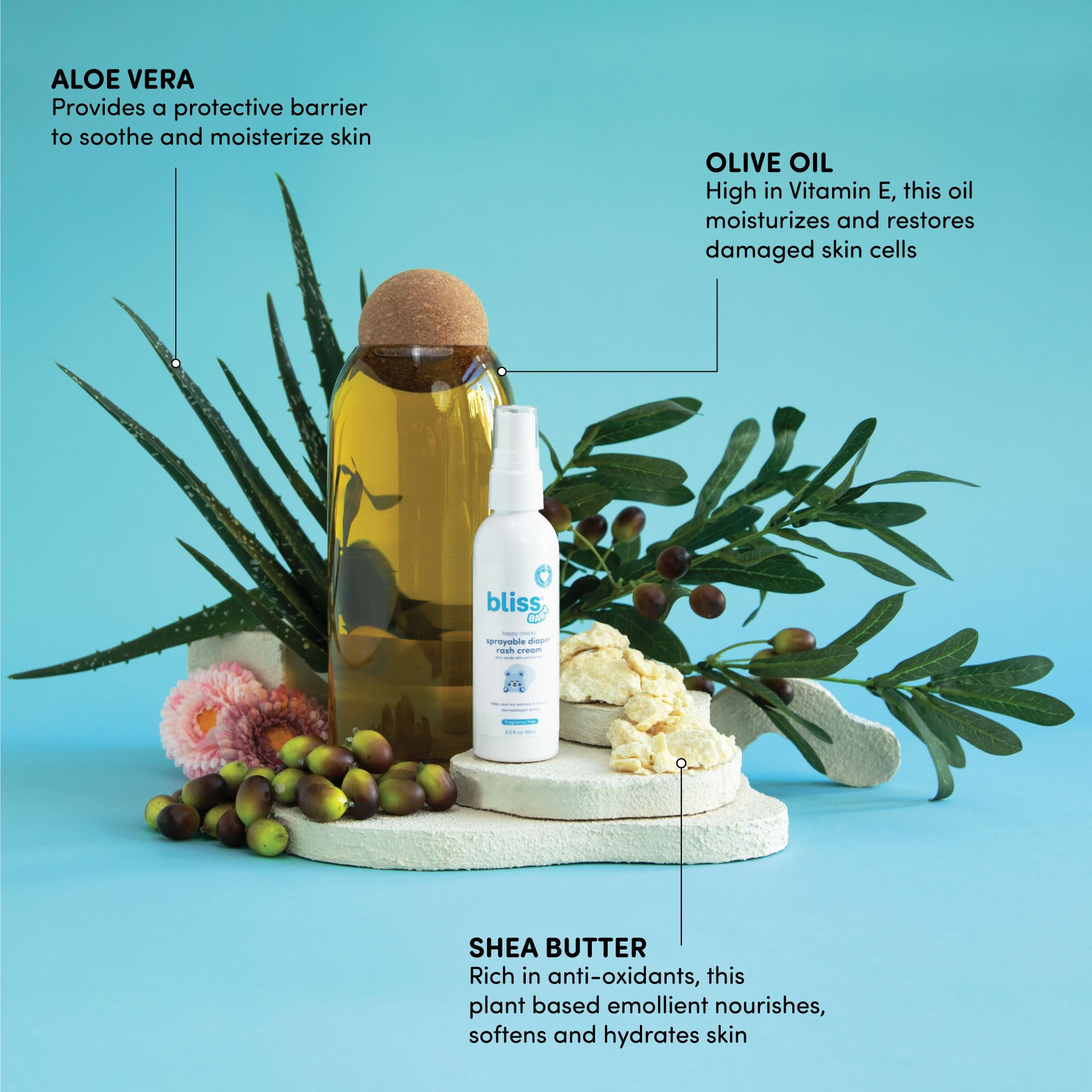 Bliss Baby Diaper Rash Cream Spray - Fragrance-Free, No Touch & Mess-Free, Treats, Soothes & Prevents Diaper Rash, Zinc Oxide, Dermatologist Tested, Vegan, Organic Aloe Vera, Shea Butter & Olive Oil