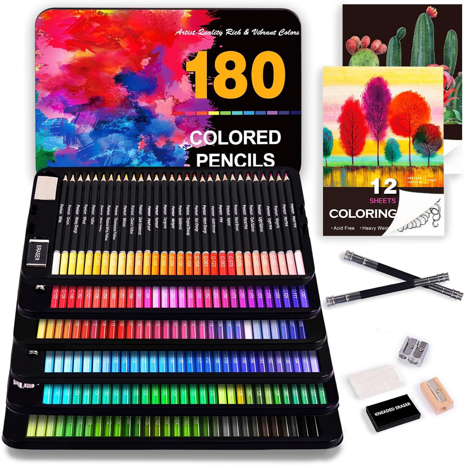 Photo 1 of COOL BANK 180 Colored Pencils Set for Adult Coloring Books, Artist Pencils with Sketchbook, Coloring Book, Pencil Extenders, Eraser, Sharpener, Soft Core, Gift Tin Box for Beginners Artists