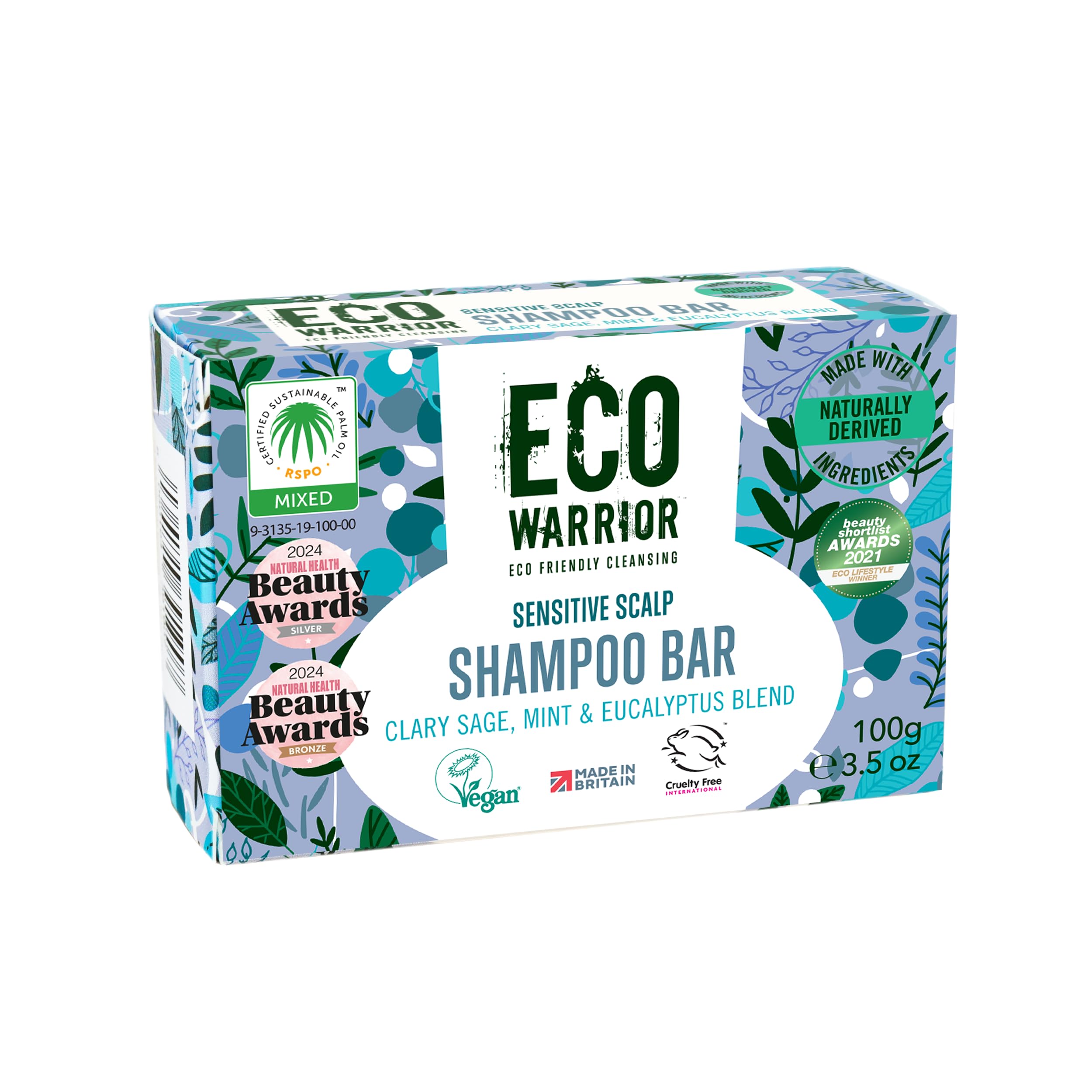 Eco Warrior Sensitive Shampoo Bar, 100g | Natural, Vegan, Cruelty Free, Eco Friendly, No SLS or Parabens | Deeply Nourishing White Clay & Clary Sage Oil | Soothing Mint Eucalyptus Essential Oils — image 1