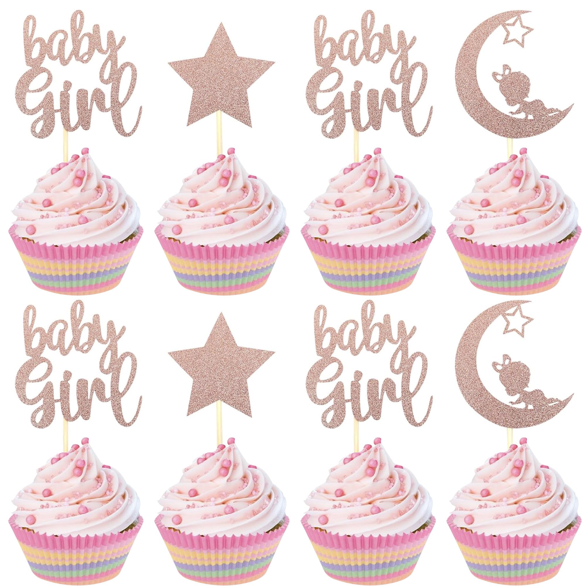 SYKYCTCY 24 Pack Rose Gold Baby Girl Cupcake Toppers with Glitter Star Moon Baby Shower Cupcake Picks Baby Shower Girls Birthday Party Cake Decorations Supplies