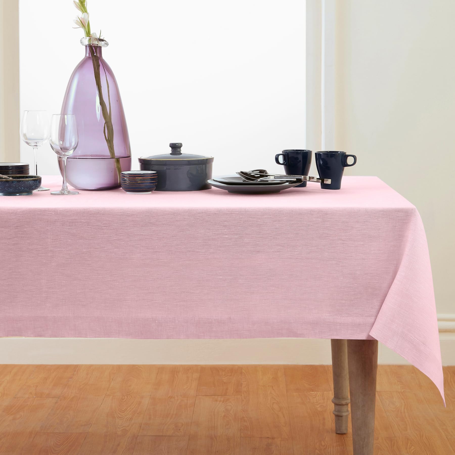 Photo 1 of Solino Home Linen Tablecloth 60 x 108 Inch - 100% Pure Linen Bubblegum Pink Table Cloth for Rectangle Tables - Athena, Machine Washable Tablecloth for Spring, Mothers Day, Summer