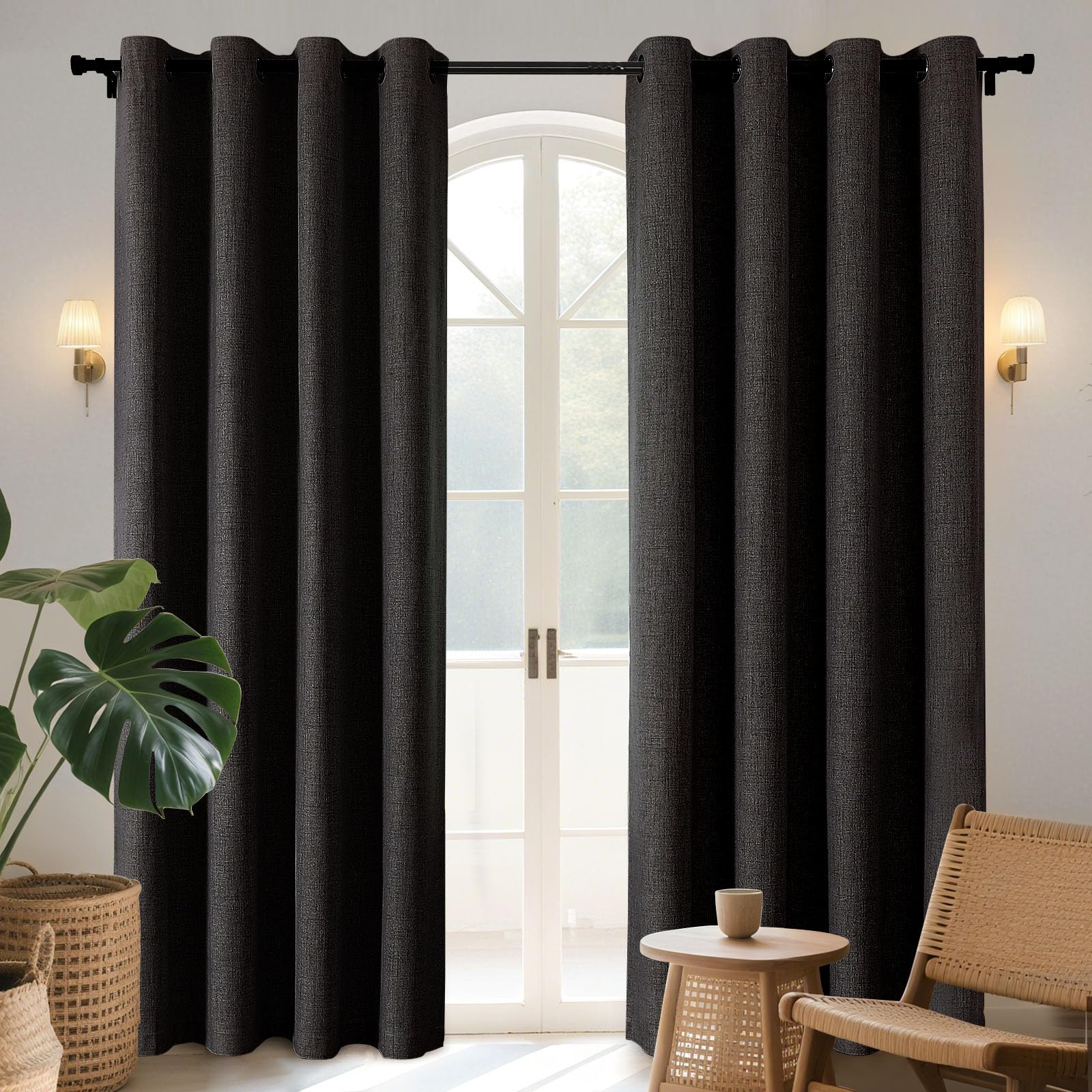 Joydeco 100% Blackout Lined Curtains Bedroom 94 Inch Drop, Faux Linen Textured Thermal Insulated Eyelet Curtains with Coating Back Layer for Living Room W55 x L94, Black - 2 Panels