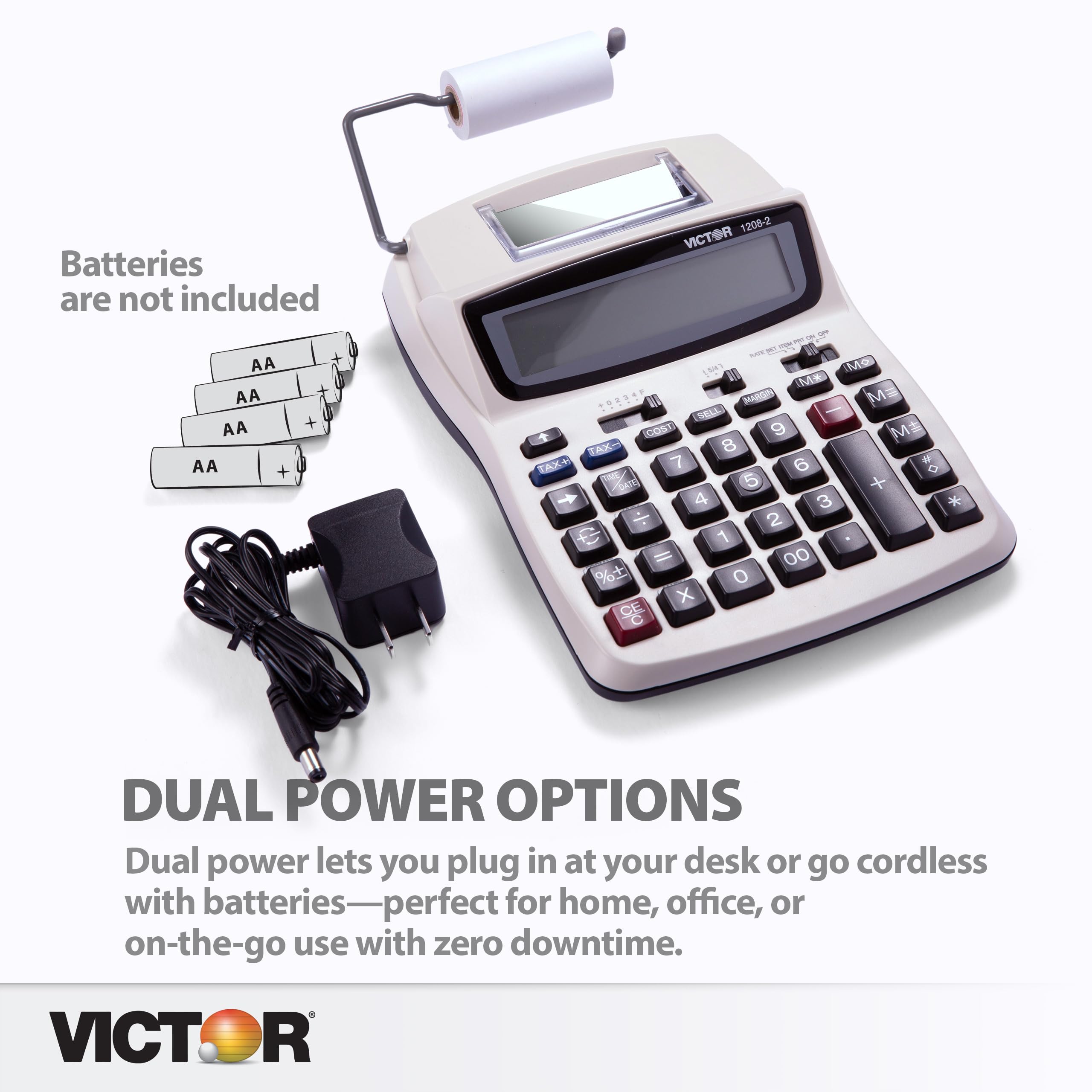 Victor Printing Calculator, 1208-2 Compact and Reliable Adding Machine with 12 Digit LCD Display, Battery or AC Powered, Includes Adapter,White
