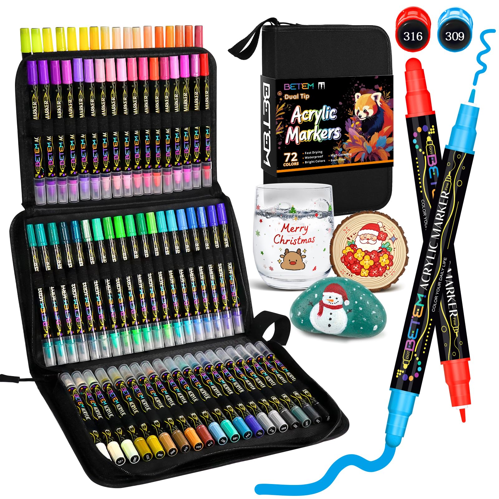 Betem Acrylic Paint Markers Pens, Dual Tip 72 Colors Premium Paint Pens Acrylic Markers for Wood, Fabric, Canvas, Stone, Rock Painting, Glass, Ceramic Surfaces, DIY Crafts Making Art Supplies with Bag Image