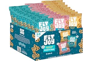 FitJoy Pretzel Variety Pack of 24 (0.5 Oz) - Tangy Dijon Mustard, Sea Salt, Cheezy White Cheddar Pretzel Twists - Dairy, Nut & Gluten Free Pretzels - Grain Free Tasty Snack Pretzels for Moms and More