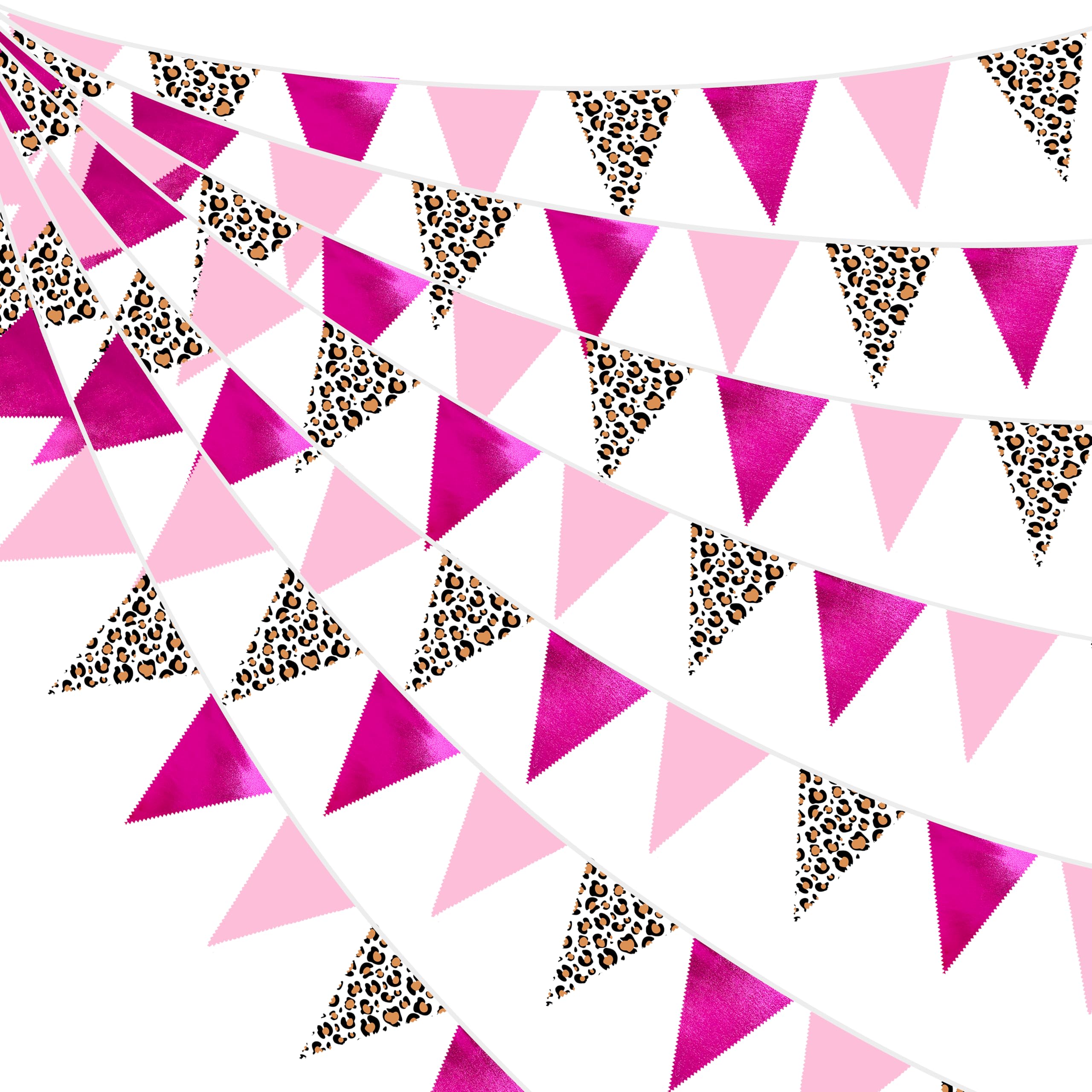 Photo 1 of 32Ft Cheetah Party Decorations Metallic Hot Pink Leopard Triangle Banner Flag Pennant Fabric Garland Streamers for Wild Animals Birthday Cheetah Baby Shower Jungle Safari Leopard Party Decor Supplies