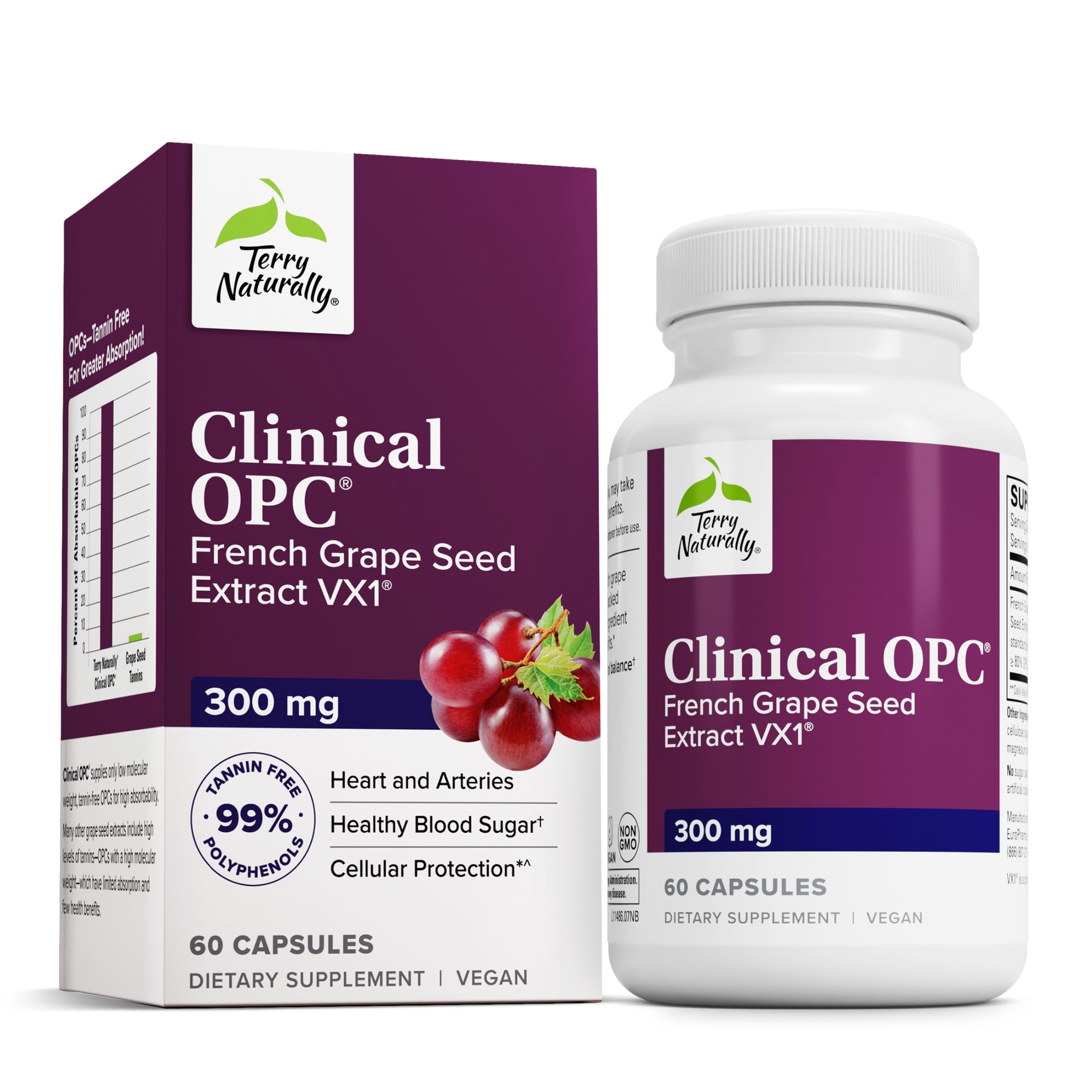 Terry Naturally Clinical OPC - Cardiovascular Health & Focus Support Supplement - Dietary Supplement with Grape Seed Extract & Sunflower Lecithin - Immune Support Supplement - 300 mg, 60 Capsules