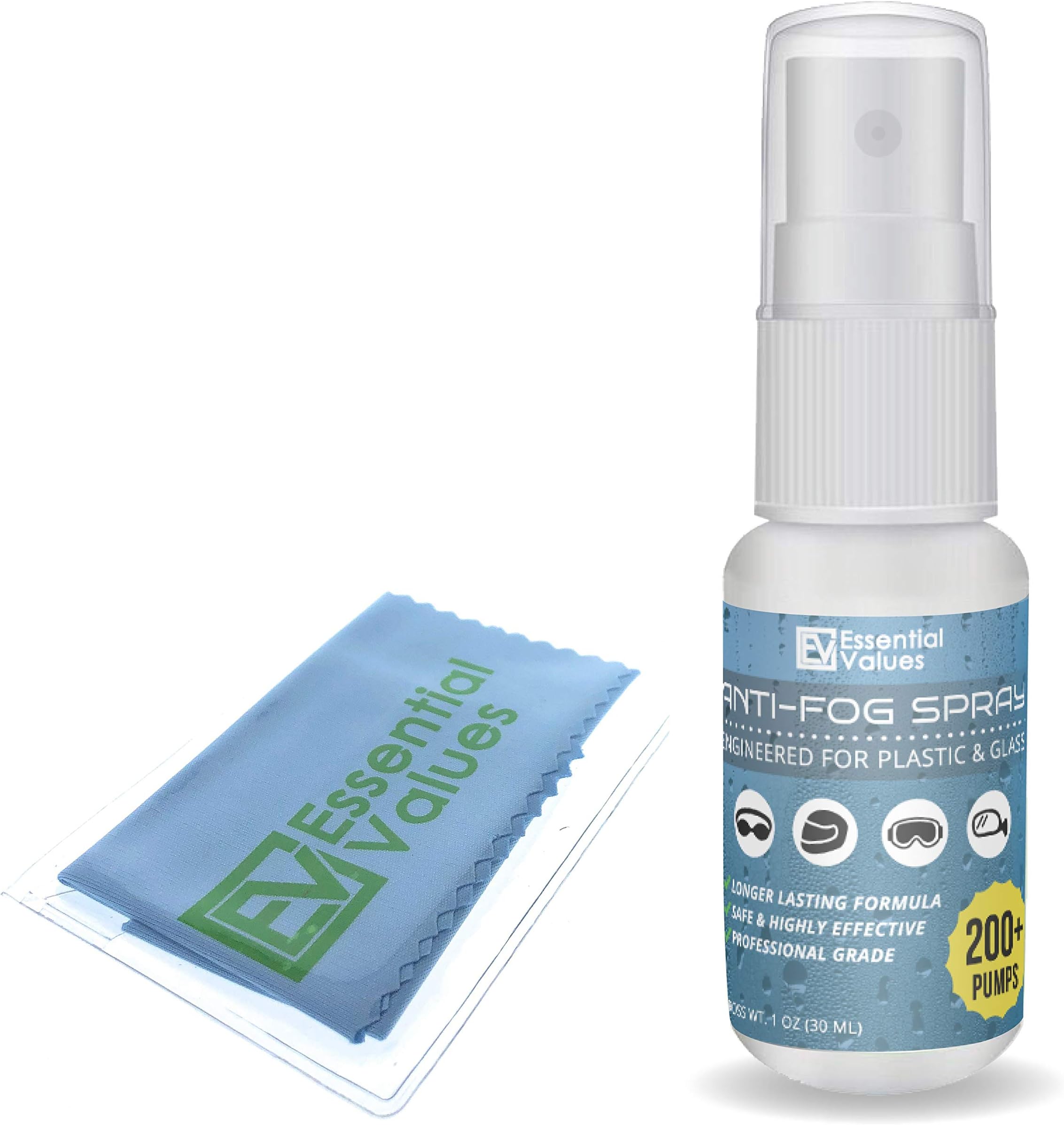 Essential Values Anti Fog Spray + Mico โ Defogger That Keeps Fog Out & Protects Goggles, Masks, Mirrors โ Safe & Effective for Use Plastic & Glass Lenses (NOT A Cleaner)