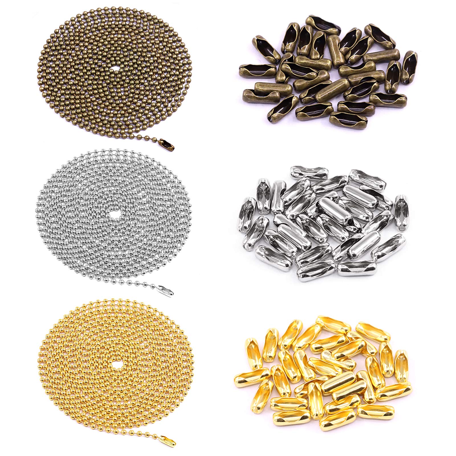 Swpeet 3Pcs 3 Colors 120" Metal Ceiling Fan Pull Chain Extension with 90Pcs Matching Connectors Kit, Durable & Strong Bearing Rust Proof 3mm Beaded Extension Chains for Ceiling Fan or Light