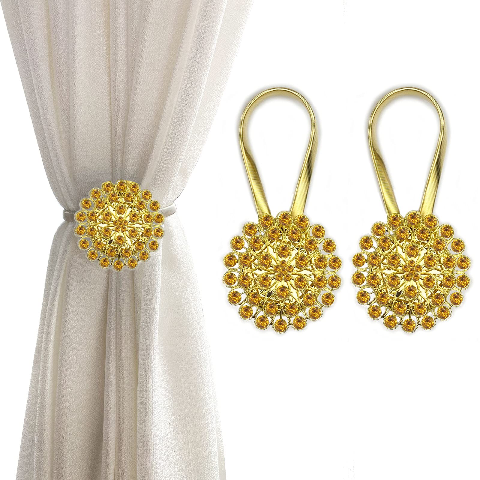 Magnetic Tiebacks for Curtains, 2 Pack Sparkling Crystal Flower Curtain Tiebacks Curtain Buckle Clips with High-Elastic Spring Wire for Home Office Decoration (Yellow & Yellow)