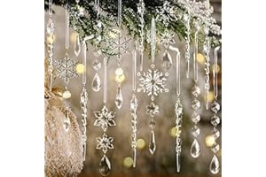 OUMUAMUA 18pcs Christmas Tree Decoration Crystal Ornaments - Hanging Acrylic Christmas Snowflake Icicle Drop Crystal Ornaments for Xmas Tree Winter New Year Party Supplies