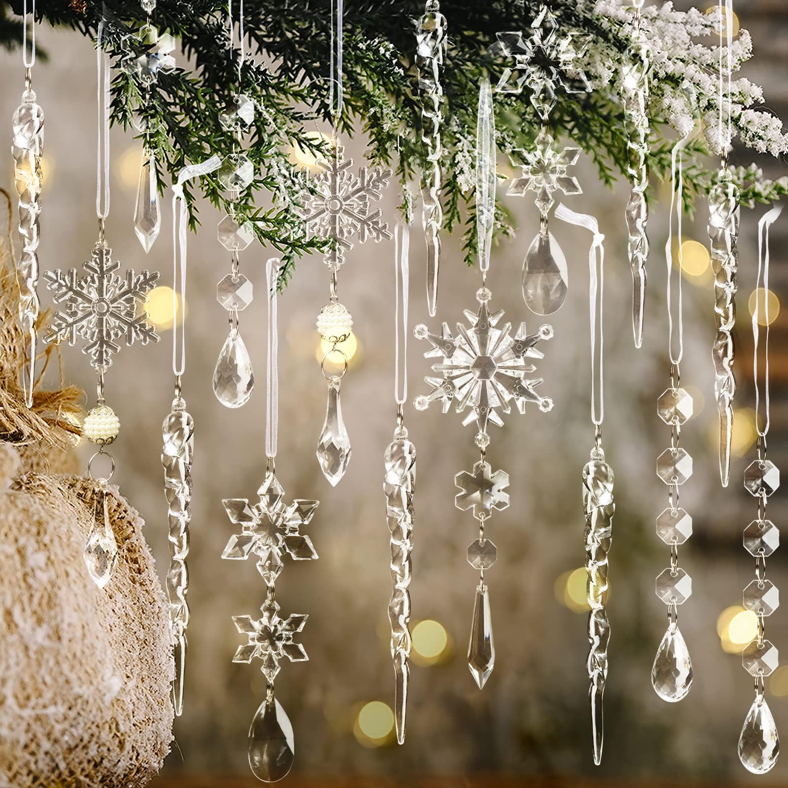Photo 1 of 18pcs Christmas Tree Decoration Crystal Ornaments - Hanging Acrylic Christmas Snowflake Icicle Drop Crystal Ornaments for Xmas Tree Winter New Year Party Supplies